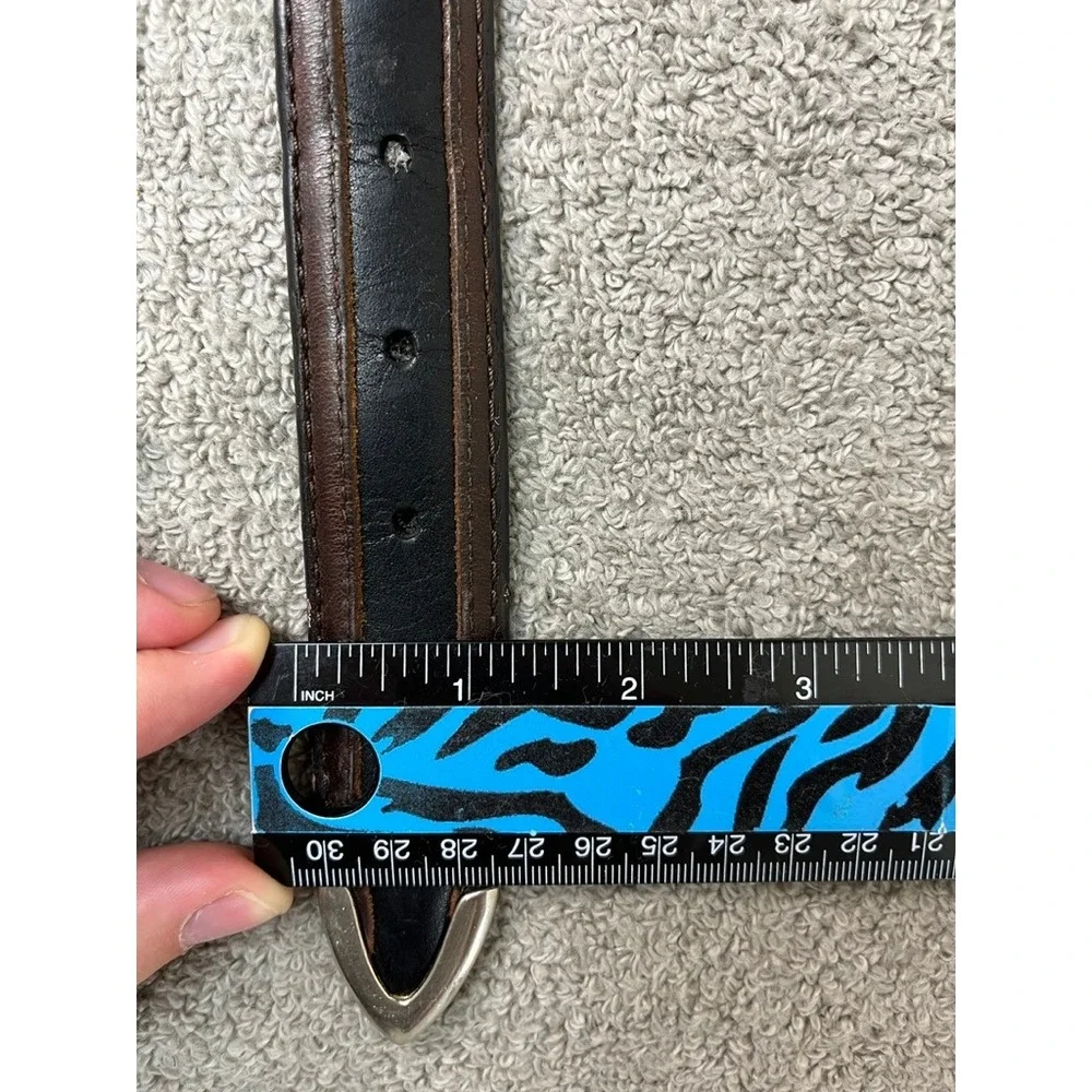 Mens Two Tone Black Brown Leather Western Belt Silver Buckle Metal Tip 47 Inch